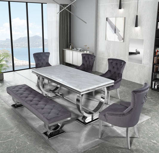 Empire 1.5M Dining Table with Grey Velvet Leonardo Dining Chairs (Multiple Table Top Options)