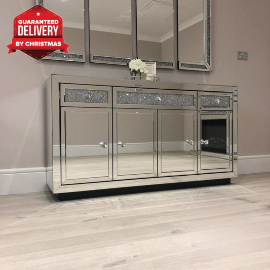 3 Drawer & 4 Door Diamond Crush Mirrored Sideboard