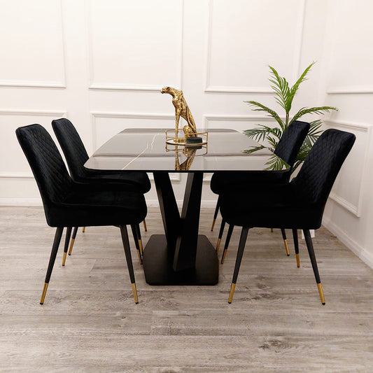 Santoro 1.6M Black Sintered Dining table with Black Milano Chairs
