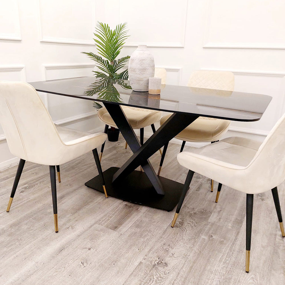 Santoro 1.6M Black Sintered Dining table with Cream Milano Chairs