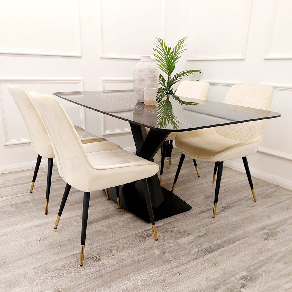 Santoro 1.6M Black Sintered Dining table with Cream Milano Chairs