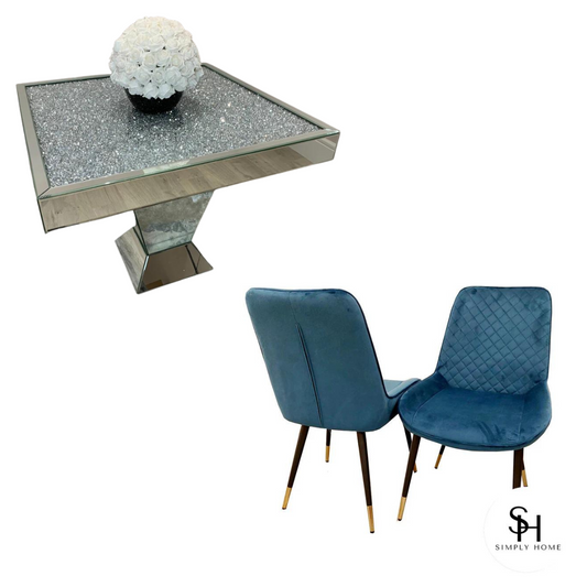Diamond Crush Square Dining Table with 4 Blue Milano Velvet Dining Chairs
