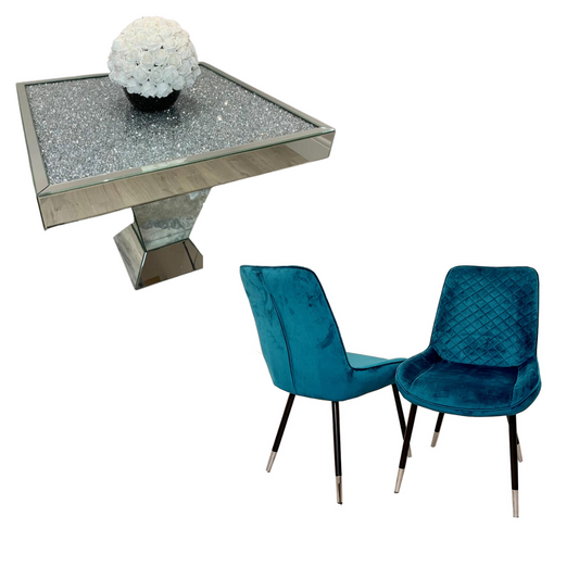Diamond Crush Square Dining Table with 4 Teal Milano Velvet Dining Chairs