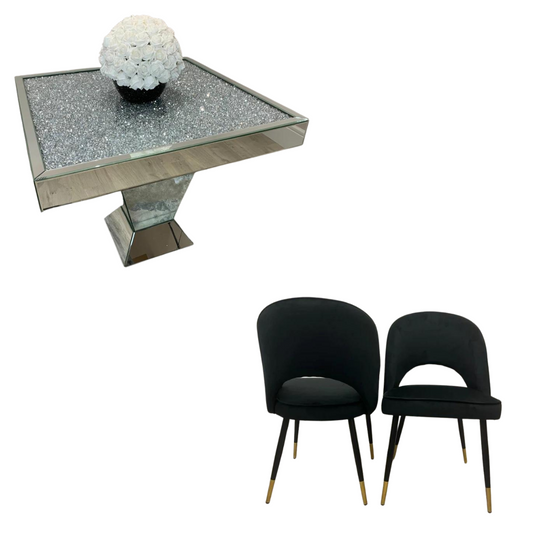 Diamond Crush Square Dining Table with 4 Black Adrianna Velvet Chairs
