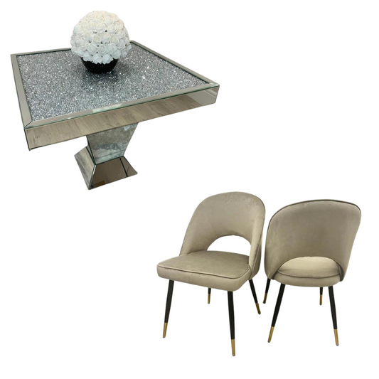 Diamond Crush Square Dining Table with 4 Champagne Adrianna Velvet Dining Chairs