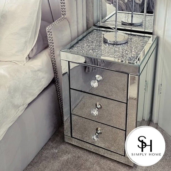 Crushed diamond mirrored bedside outlet table