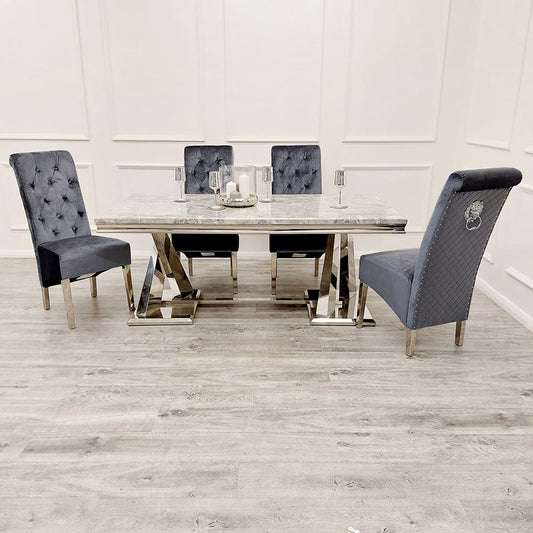 Xavia 1.8m Grey Marble Dining Table with Grey Sophia Velvet Dining Chairs