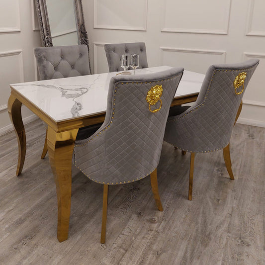 Riviera Gold Polar White Sintered Stone Dining Table with Grey and Gold Leo Chairs