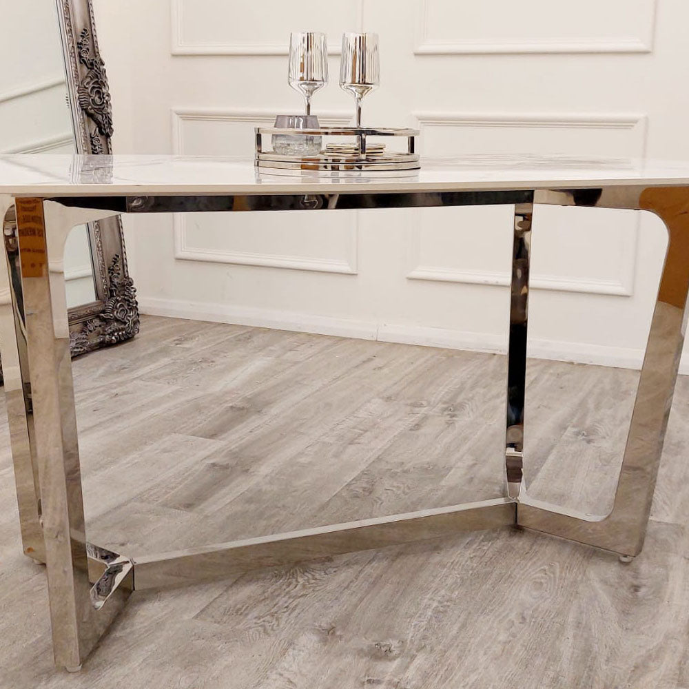 Luciana 1.6M Chrome White Marble Dining Table with Grey Velvet Leo Chairs