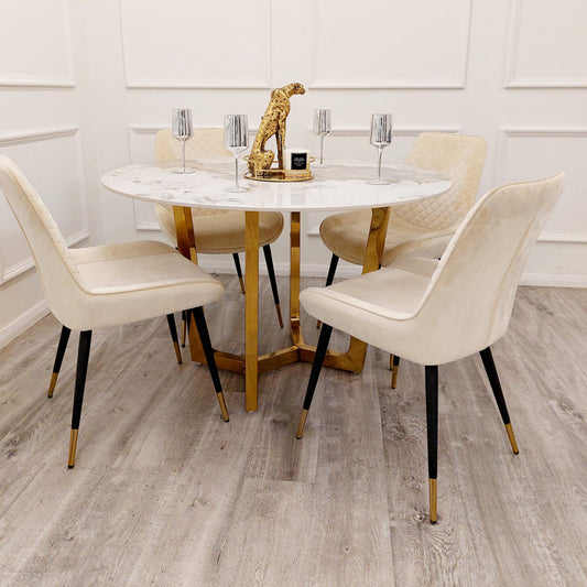 Luciana 1.2M Circular Gold White Marble Dining Table with Cream Milano Chairs