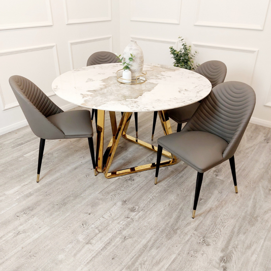 Capello Circular White Marble Dining Table with Grey Alberto Chairs
