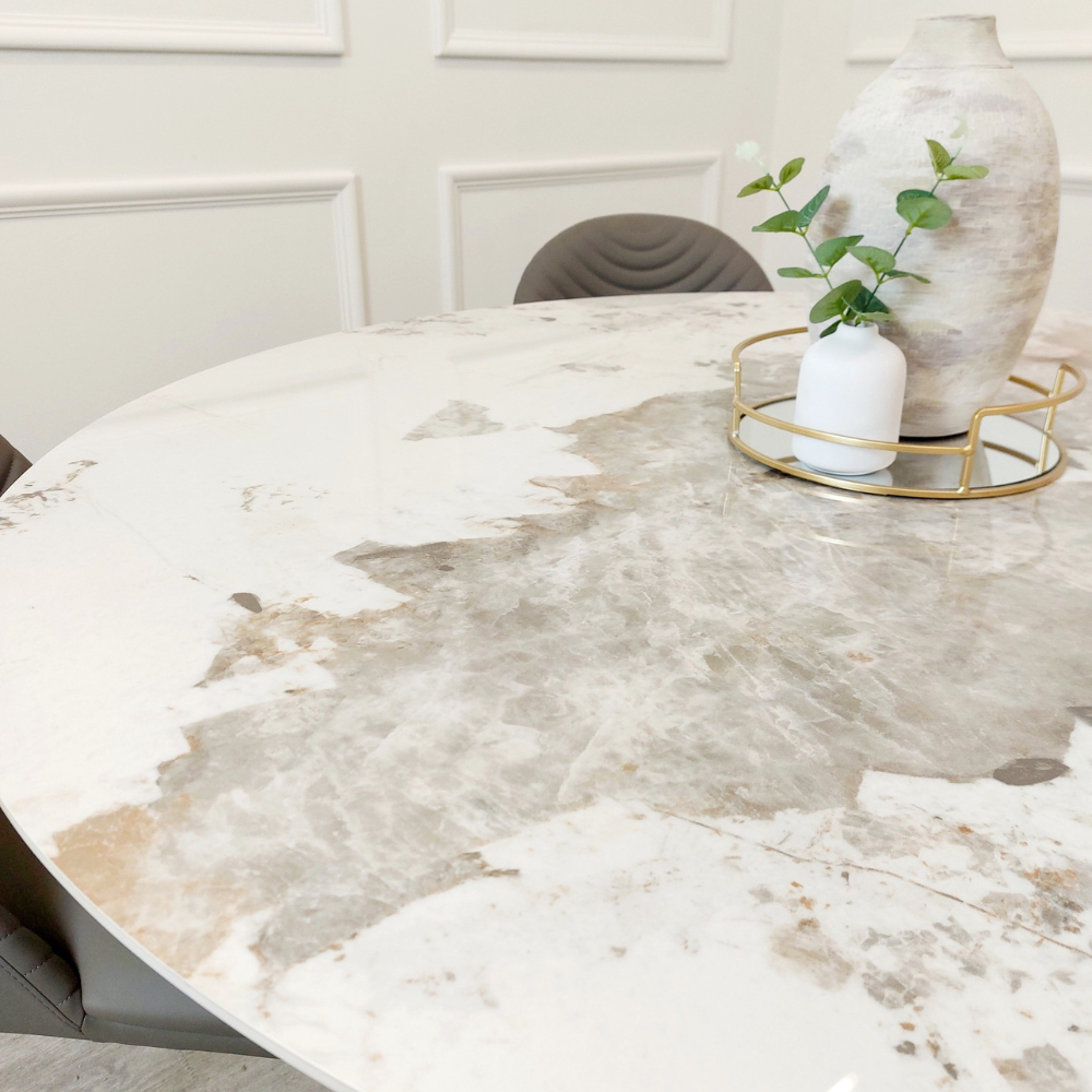 Capello Circular White Marble Dining Table with Grey Alberto Chairs
