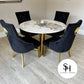 Natalia Circular White Marble Dining Table with Black & Gold Leo Chairs