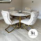 Natalia Circular White Marble Dining Table with Pavia Cream and Gold Chairs