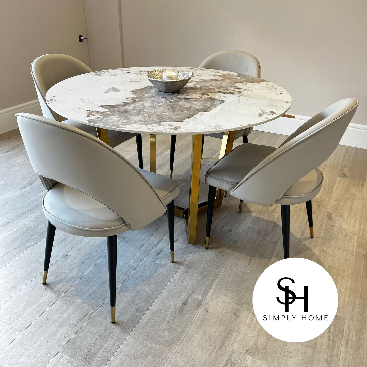 Natalia Circular White Marble Dining Table with Grey Adrianna Chairs