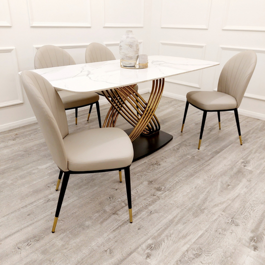 Orabella Gold White Marble Dining Table with Grey Edra Chairs