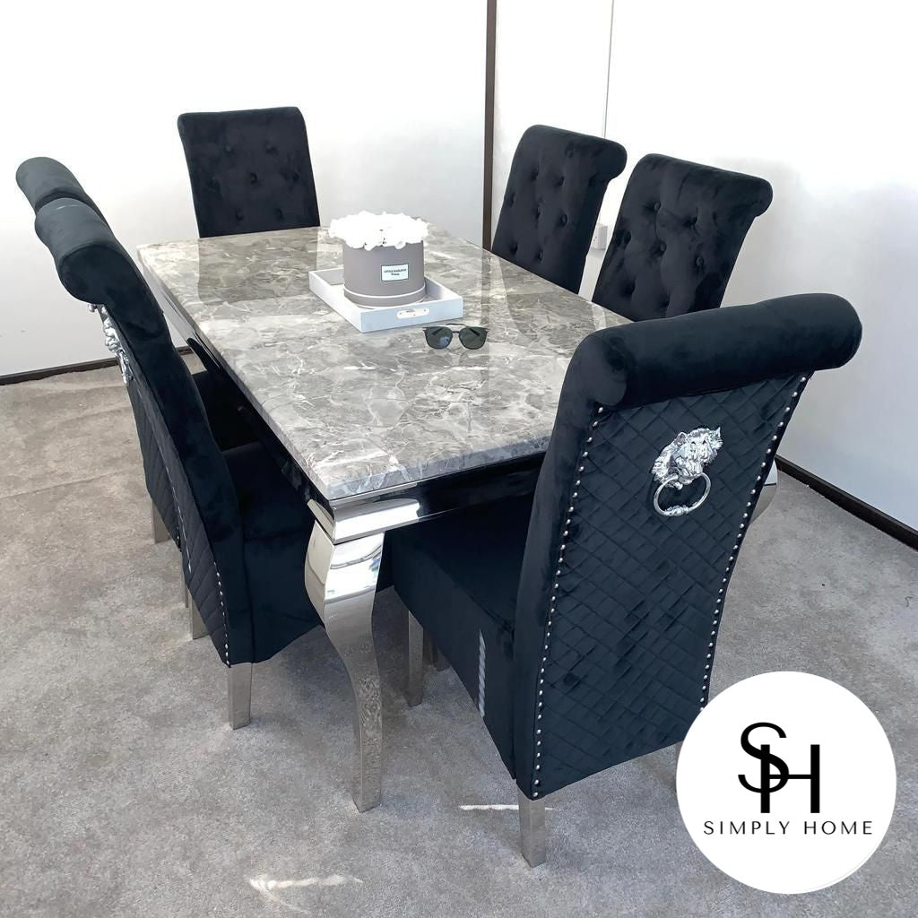 Riviera Grey Marble Table with Black Sophia Chairs