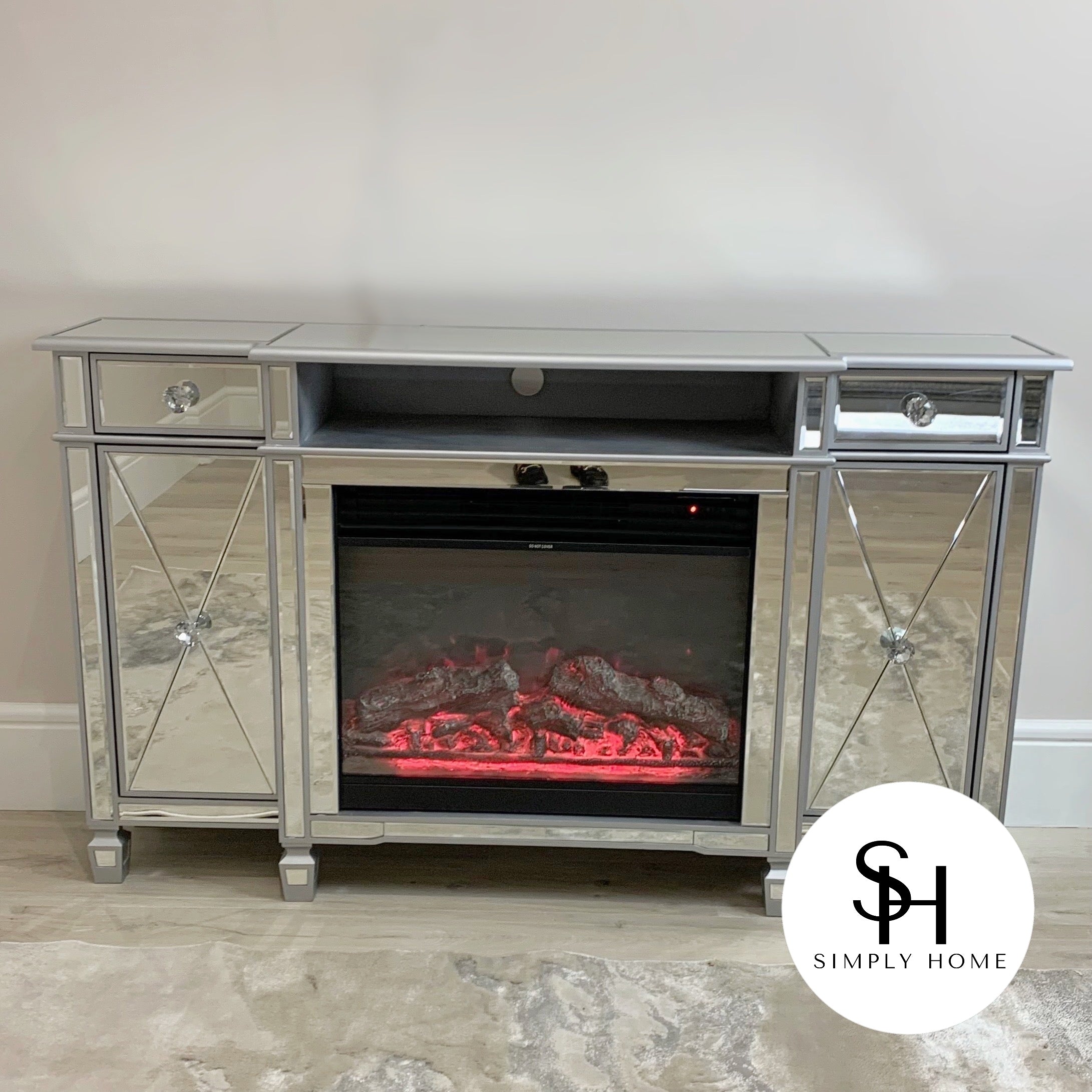 Mirrored tv stand deals fireplace