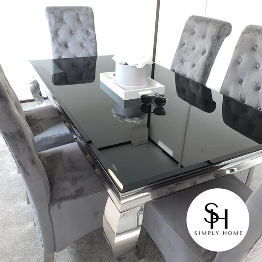 Riviera Black Glass Dining Table with Grey Sophia Chairs