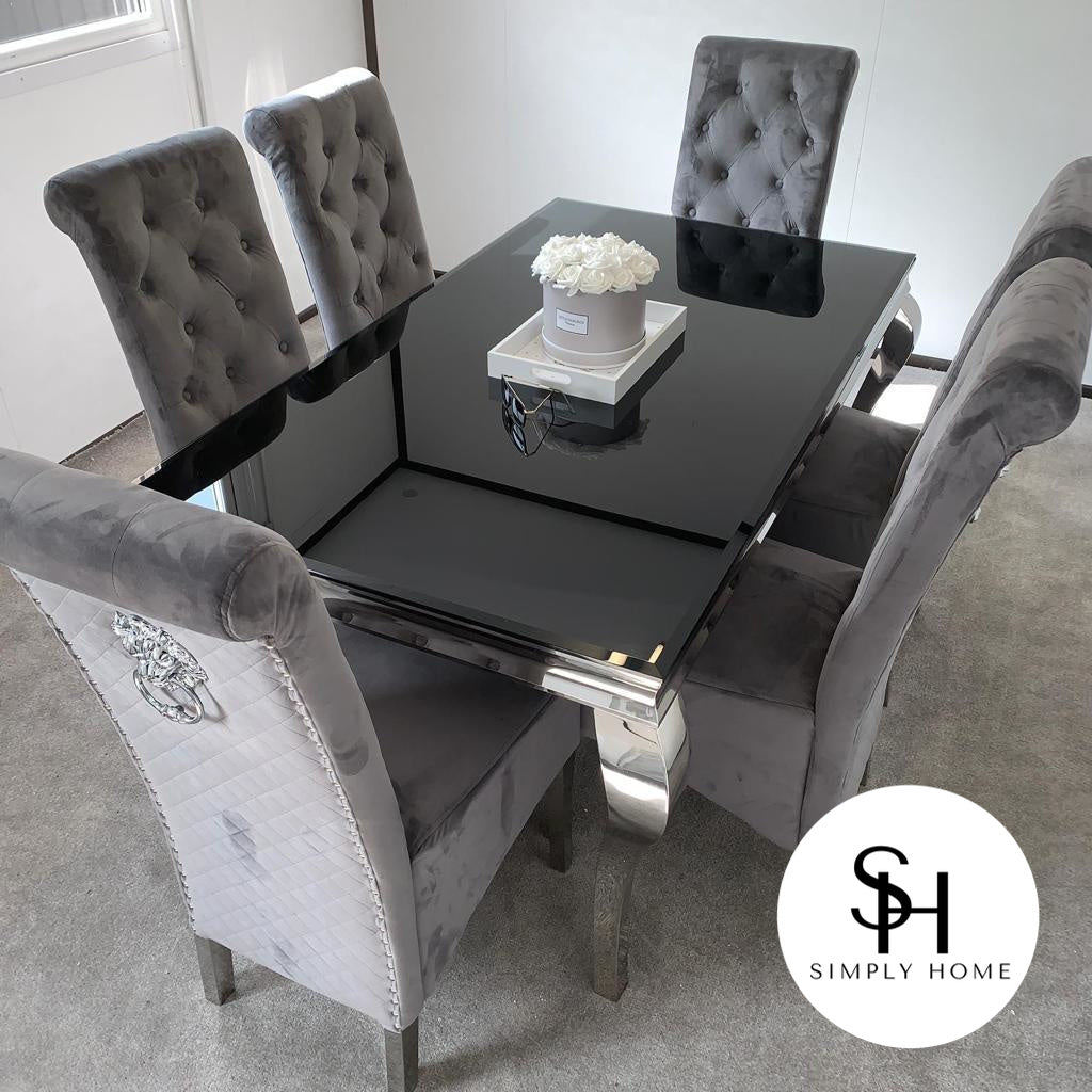 Riviera Black Glass Dining Table with Grey Sophia Chairs