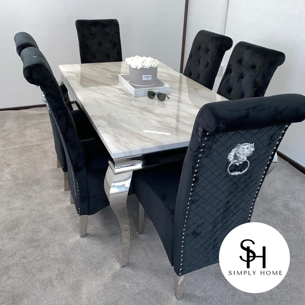 Riviera White Marble Table with Black Sophia Chairs