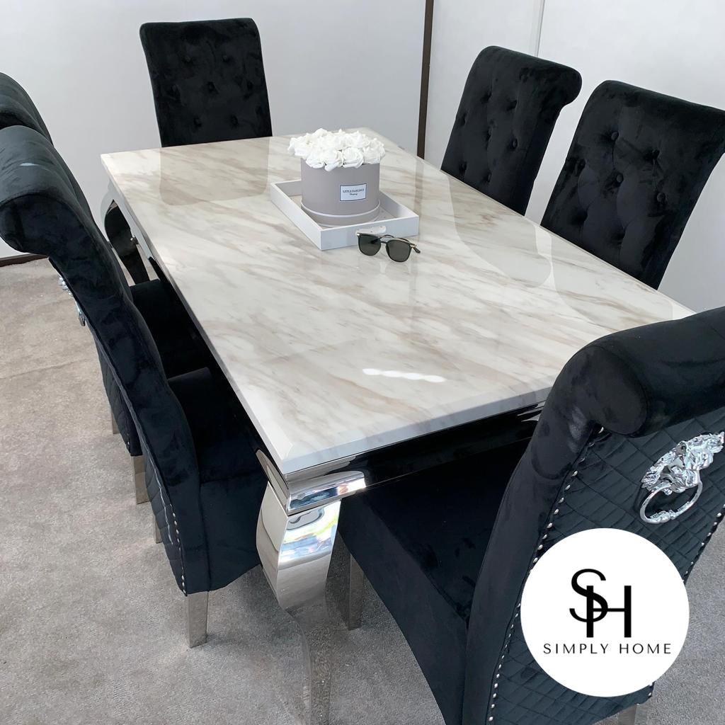 Riviera White Marble Table with Black Sophia Chairs