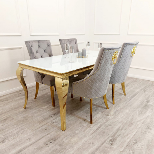 Riviera Gold White Glass Dining Table with Grey and Gold Leo Chairs
