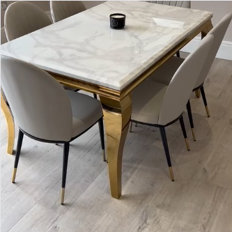 Riviera Gold White Marble Dining Table with Grey Edra Chairs