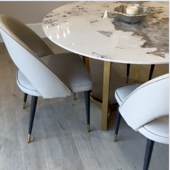 Luciana 1.2M Circular Gold White Marble Dining Table with Grey Adrianna Chairs