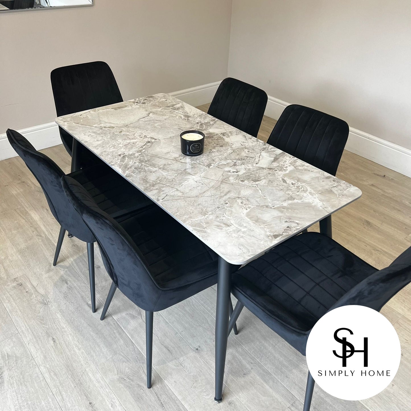 Terra Grey Marble Dining Table with Black Luca Chairs