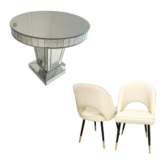 Timeless Silver Trim Circular Mirrored Dining Table with 4 Cream Adrianna Leather Dining Chairs