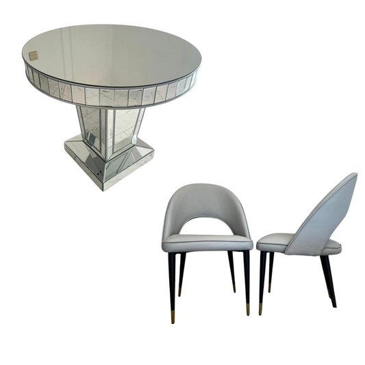Timeless Silver Trim Circular Mirrored Dining Table with 4 Grey Adrianna Leather Dining Chairs