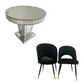 Timeless Silver Trim Circular Mirrored Dining Table with 4 Black Adrianna Velvet Dining Chairs