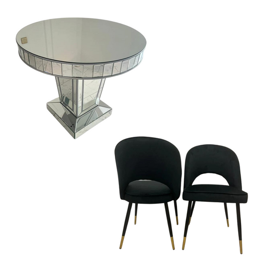 Timeless Silver Trim Circular Mirrored Dining Table with 4 Black Adrianna Velvet Dining Chairs