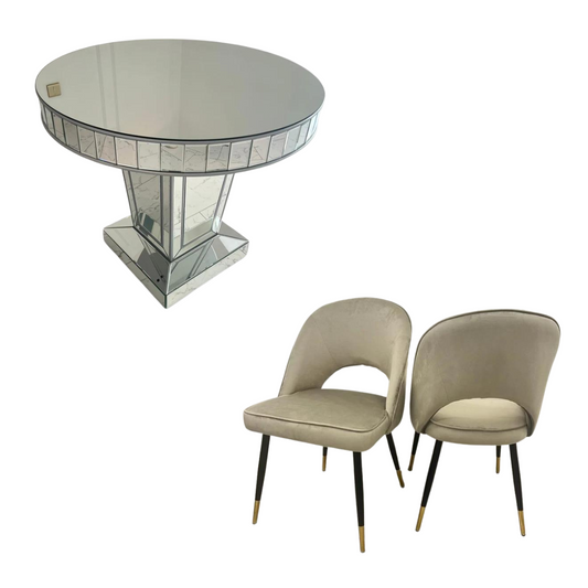 Timeless Silver Trim Circular Mirrored Dining Table with 4 Champagne Adrianna Velvet Dining Chairs