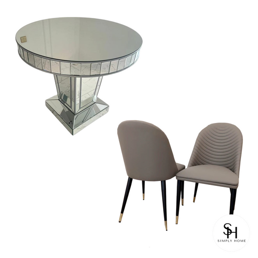 Timeless Silver Trim Circular Mirrored Dining Table with 4 Grey Alberto Leather Dining Chairs