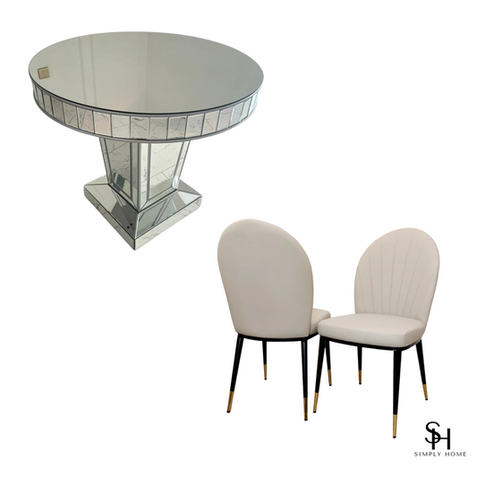Timeless Silver Trim Circular Mirrored Dining Table with 4 Grey Edra Leather Dining Chairs