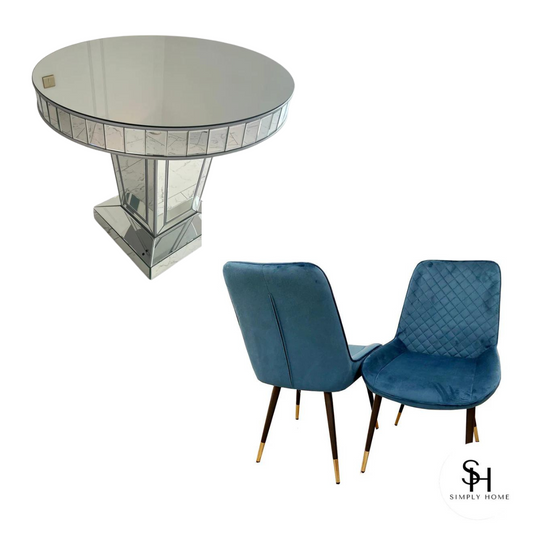 Timeless Silver Trim Circular Mirrored Dining Table with 4 Blue Milano Leather Dining Chairs