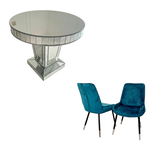 Timeless Silver Trim Circular Mirrored Dining Table with 4 Teal Milano Leather Dining Chairs
