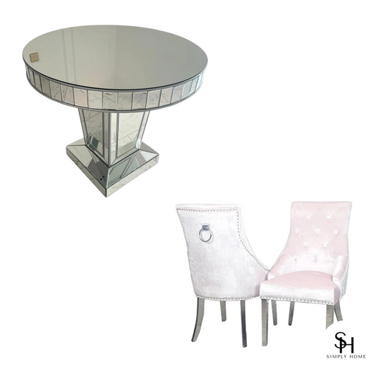 Timeless Silver Trim Circular Mirrored Dining Table with 4 Pink Vincent Velvet Dining Chairs