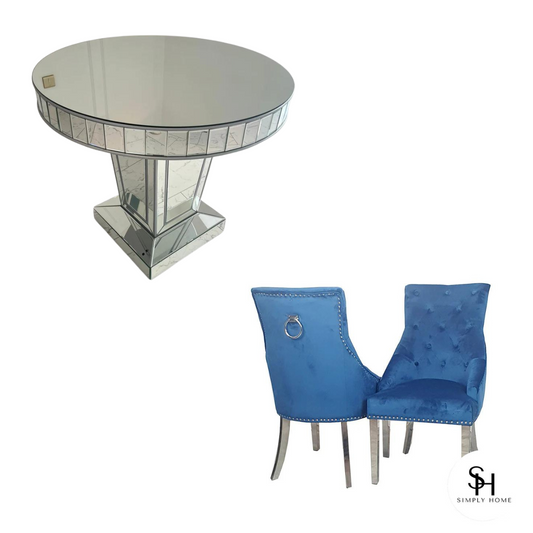 Timeless Silver Trim Circular Mirrored Dining Table with 4 Blue Vincent Velvet Dining Chairs