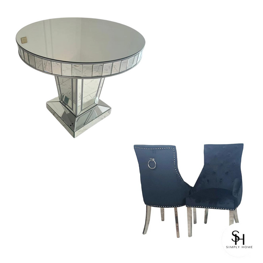 Timeless Silver Trim Circular Mirrored Dining Table with 4 Black Vincent Velvet Dining Chairs