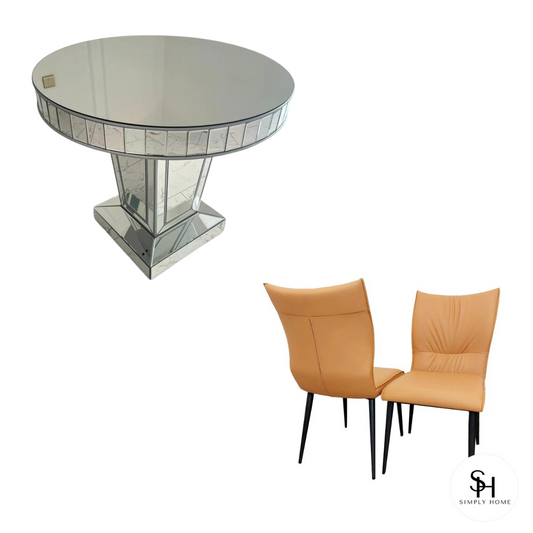 Timeless Silver Trim Circular Mirrored Dining Table with 4 Tan Fiorentina Leather Dining Chairs