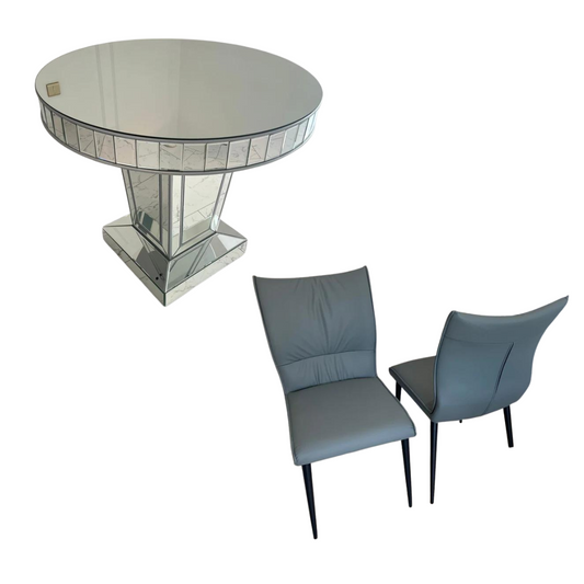 Timeless Silver Trim Circular Mirrored Dining Table with 4 Grey Fiorentina Leather Dining Chairs