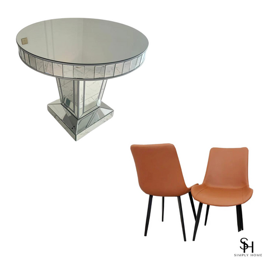 Timeless Silver Trim Circular Mirrored Dining Table with 4 Tan Remus Leather Dining Chairs