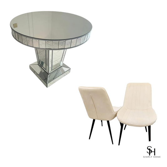 Timeless Silver Trim Circular Mirrored Dining Table with 4 Cream Luca Velvet Dining Chairs