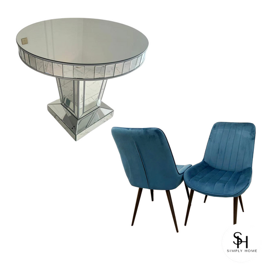 Timeless Silver Trim Circular Mirrored Dining Table with 4 Blue Luca Velvet Dining Chairs