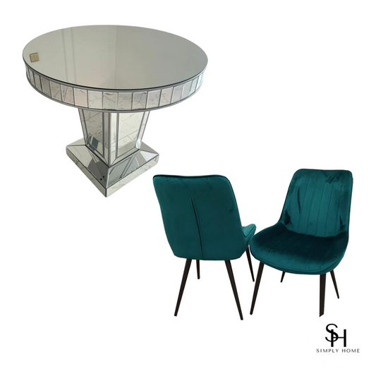 Timeless Silver Trim Circular Mirrored Dining Table with 4 Teal Luca Velvet Dining Chairs