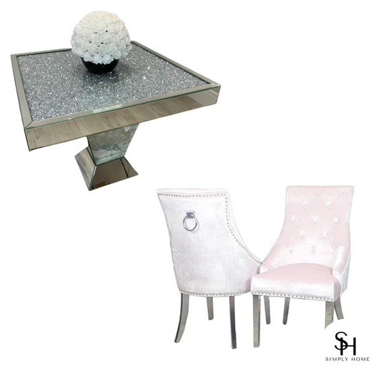 Diamond Crush Square Dining Table with 4 Pink Vincent Velvet Dining Chairs