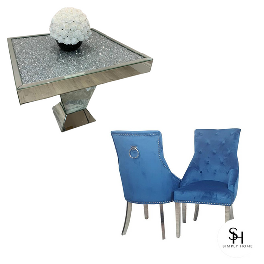 Diamond Crush Square Dining Table with 4 Blue Vincent Velvet Dining Chairs